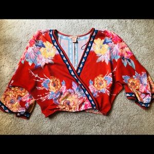 Flying Tomato Red Floral Wrap Top